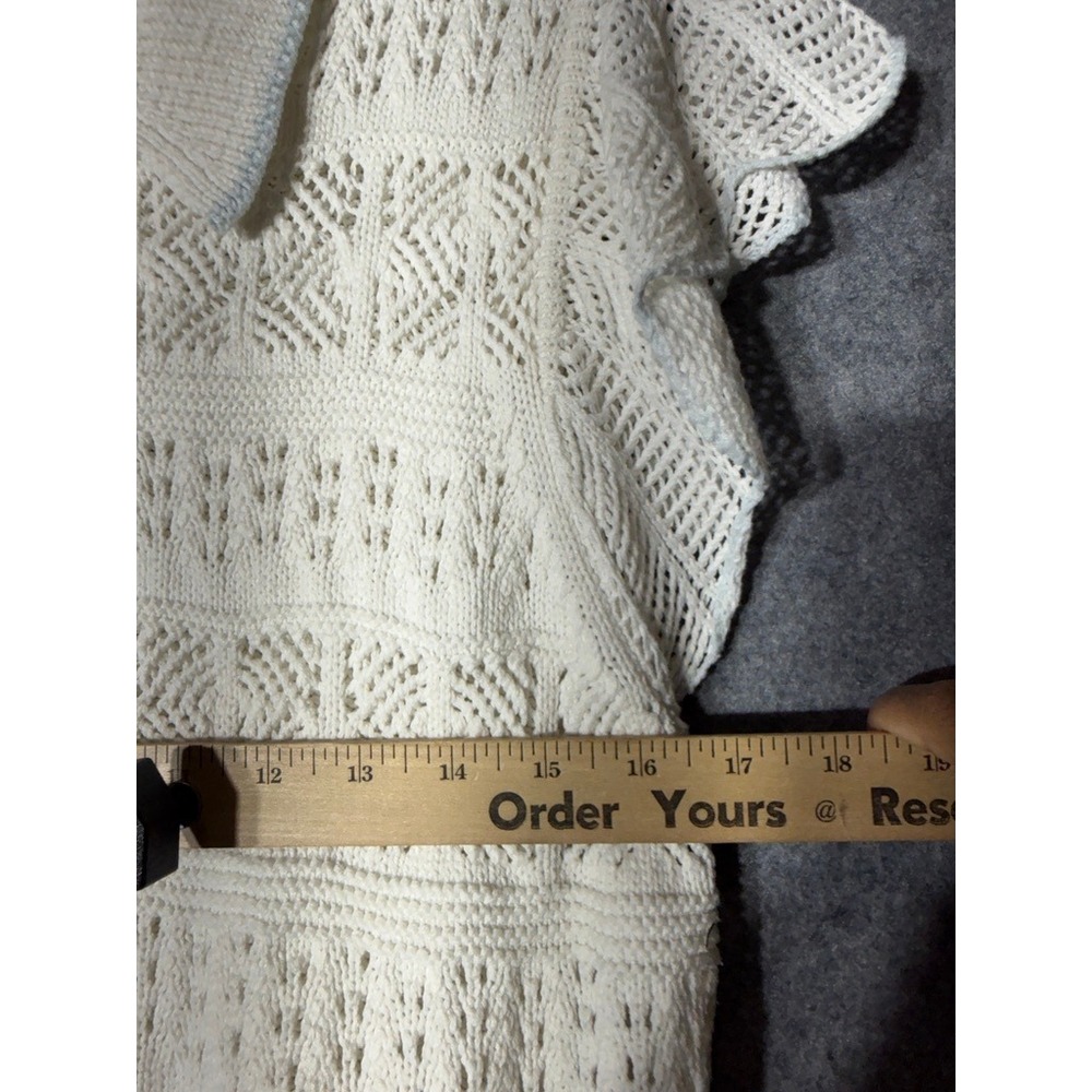 LC Lauren Conrad Ivory Pointelle Knit Polo Sweater Ruffle Cap Sleeve Women L - Picture 5 of 8